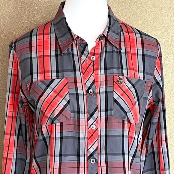 OBEY Western Vibe Inpired Plaid Fitted Long Sleeve Shirt Size M Boho Rockabilly - Picture 2 of 8